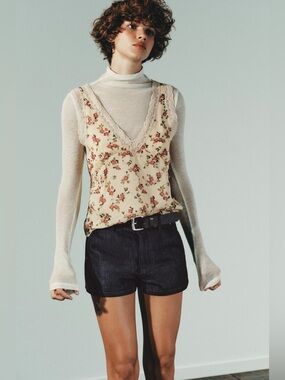 Zara Cream Floral Lace-Trim Tank Top